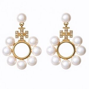 TORY BURCH KIRA PAVÉ LOGO MULTI PEARL DROP EARRINGS